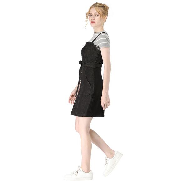 Women's Classic Adjustable Strap A-Line Overall Denim Dress Black - Picture 4 of 6